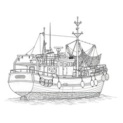 Detailed black and white line art illustration of a traditional fishing trawler with nets and rigging. © Vhya