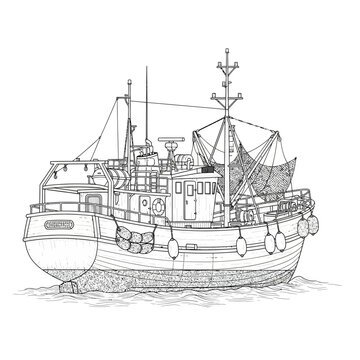 Detailed black and white line art illustration of a traditional fishing trawler with nets and rigging.