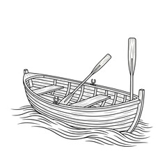 Handdrawn wooden rowboat with two oars floating on stylized water line art. © Vhya