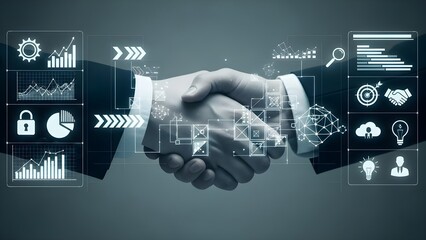 Close-up of two businessmen shaking hands with futuristic interface and data icons in the background, conveying a professional and technological mood.