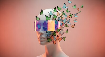 Mannequin head with vr headset dissolving into butterflies, digital transformation concept