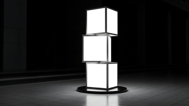 A sleek, modern lamp with three stacked, glowing cubes on a dark, reflective floor, viewed from a slight angle