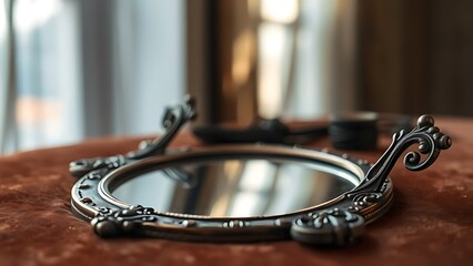 tarnished. An antique tarnished copper mirror reflecting a distorted room image. real-estate listings, architecture portfolios, designed for architectural facade and classical detail presentations.