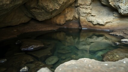 groundwater. Still pool of groundwater in a rocky cave with visible mineral deposits. ESG reports, sustainability campaigns, designed for environmental awareness campaigns, used by data analysts.