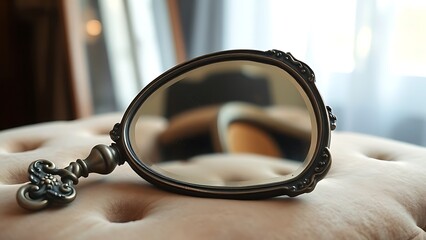 tarnished. An antique tarnished copper mirror reflecting a distorted room image. real-estate listings, architecture portfolios, designed for architectural facade and classical detail presentations.