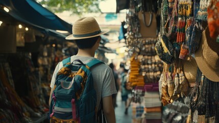 Obraz premium Tourist explores bustling Asian market street