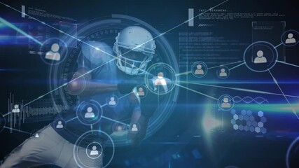 Animation of diverse data and connections over african american male american football player