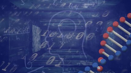 Animation of dna, human profile and scientific data processing on blue background - Powered by Adobe