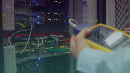 Animation of data processing over caucasian male it technician and computer servers - Powered by Adobe