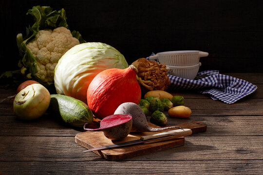 Autumn vegetable still life with pumpkin, cauliflower, beetroot and more