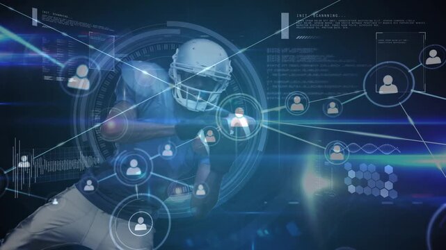 Animation of diverse data and connections over african american male american football player