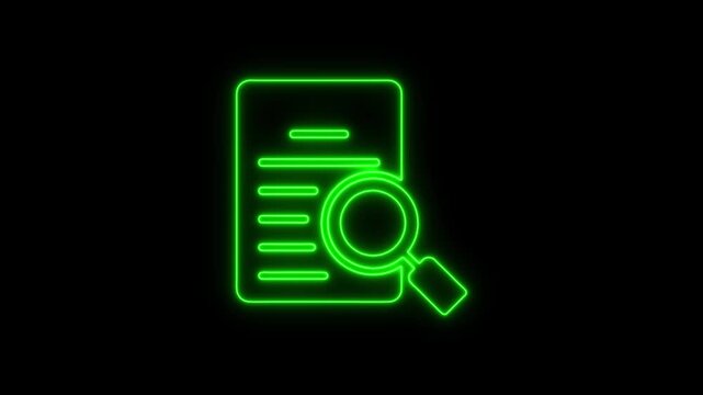 Neon Green Document Search with Magnifying Glass on Black Background