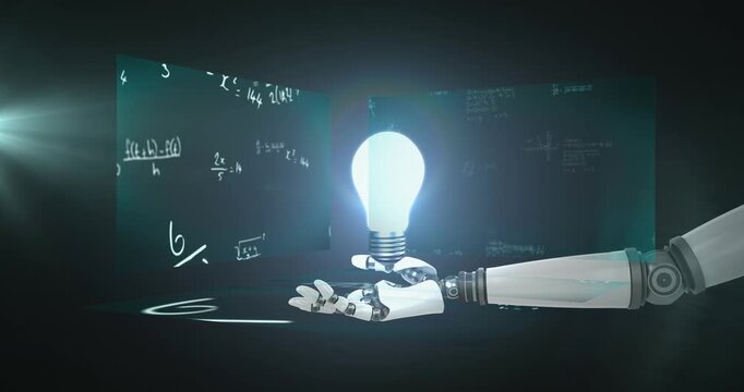 Animation of robotic arm with lightbulb over mathematical equations