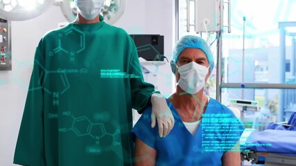 Animation of scientific data processing and chemical structures over diverse surgeons operating - Powered by Adobe