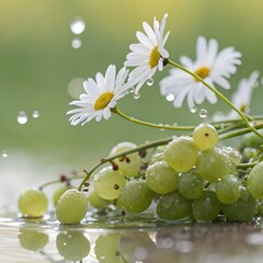 Daisies and grapes with rain reflections, minimal clarity, beautiful background