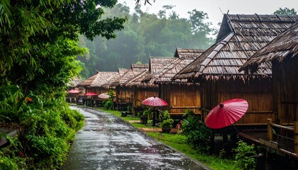 Rustic wooden bungalows with thatched roofs along a wet road lined with umbrellas
