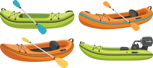  Inflatable kayak and motor boat vector set, orange and green rowing boats with paddles, outdoor equipment © Majnur