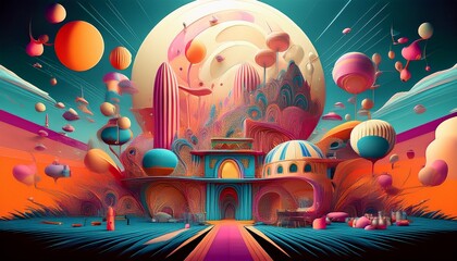 A vintage red hot air balloon flies over a cartoon city road with a toy car and bus in a fun vector illustration under a blue sky with clouds