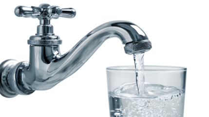 Faucet pouring water into glass isolated on white background