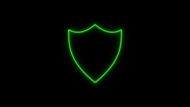 Glowing Neon Glitch security shield with check mark icon animation. neon check mark icon on black background.
