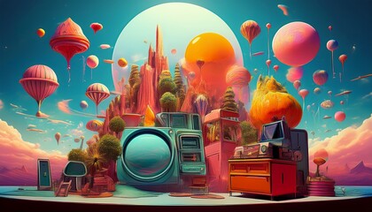 A vintage red hot air balloon flies over a cartoon city road with a toy car and bus in a fun vector illustration under a blue sky with clouds
