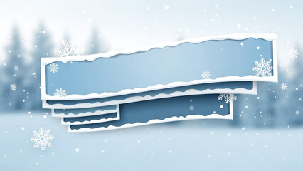 Snowy winter scene with layered blue text boxes and white snowflakes, creating a festive atmosphere with natural lighting and cool tones