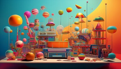 A happy birthday party celebration featuring a colorful cake with candles, festive balloons, and confetti decorations in a fun cartoon illustration design for a greeting card