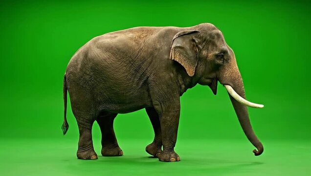 Indian Elephant walk cycle green screen chroma video. 
