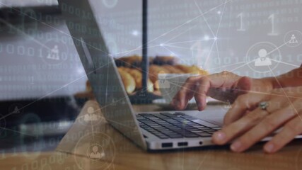 Animation of connections and binary code over hands of woman using laptop - Powered by Adobe