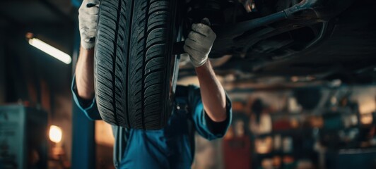 The Tire Being Replaced Under a Lifted Car by a Mechanic in a Garage