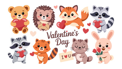 Fototapeta premium Sweetheart Animals' Valentine: A charming tableau of adorable animals, each clutching hearts and tokens of affection, gather to celebrate Valentine's Day. 