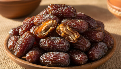 Fototapeta premium A close-up shot of glossy, fresh dates piled on a wooden plate, highlighting their rich texture and natural sweetness.