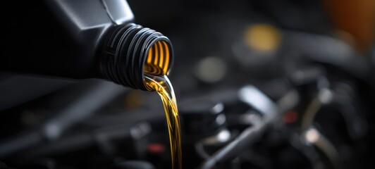The Motor Oil Pouring Into a Car Engine During Routine Maintenance Service