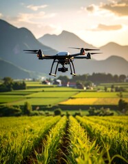 Modern drone in flight above green fields, mountains in the distance
