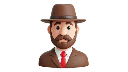 3D Cartoon Man with Brown Hat, Beard, and Red Tie