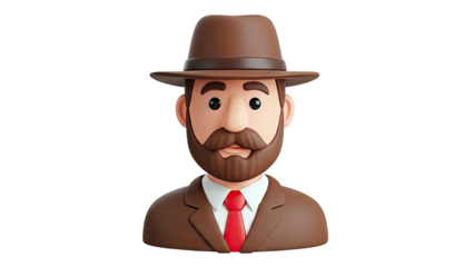 3D Cartoon Man with Brown Hat, Beard, and Red Tie