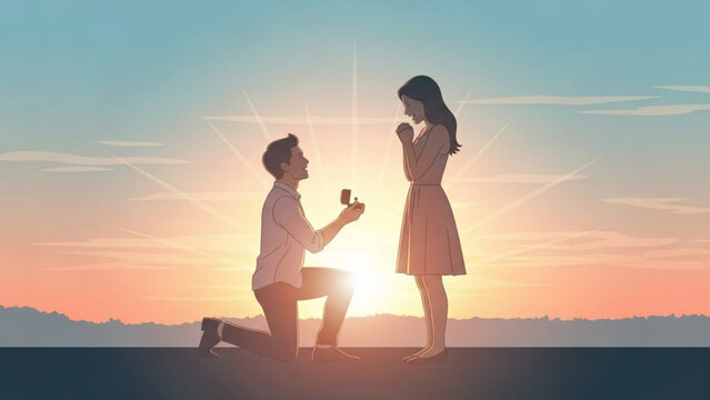 Man Proposing to Woman on One Knee at Sunset on Beach
