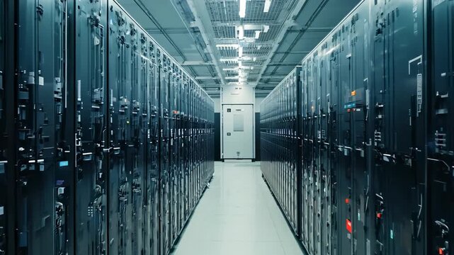 A View Inside a Modern Data Center: Exploring the Rows of Server Racks and Their Critical Role in Information Management and Storage Solutions in Today&rsquo;s Digital World