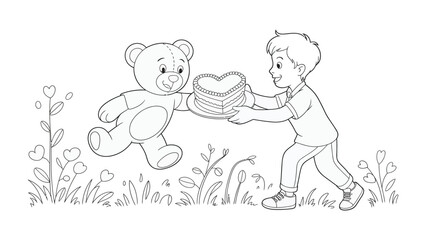 A Bear Hug and Heart-Shaped Delight: A young boy shares a plate of heart-shaped pancakes with a plush bear in a tender moment of friendship and love, set against a simple floral backdrop.