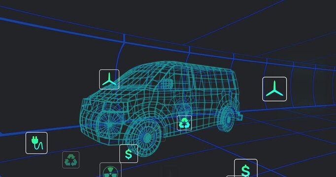 Animation of blue 3d wire frame electric van on computer graphic screen