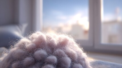 Soft, fuzzy wool texture bathed in warm sunlight, showcasing a cozy indoor scene with blurred sky background.