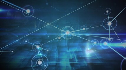 Animation of glowing network of connections and light trails against blue background - Powered by Adobe