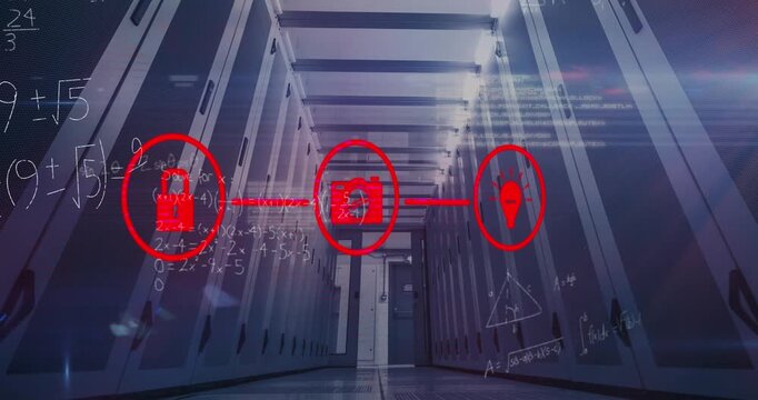 Animation of three red media icons, processing data and maths calculations over computer server room