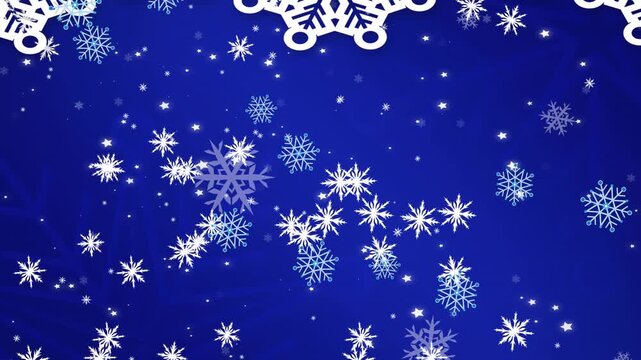 Animation of vector white snowflakes moving over star shapes on blue background