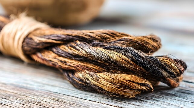 Detailed close-up of luxurious slub silk threads with natural thicker sections on a rustic wooden surface, showcasing intricate natural texture and rich warm colors