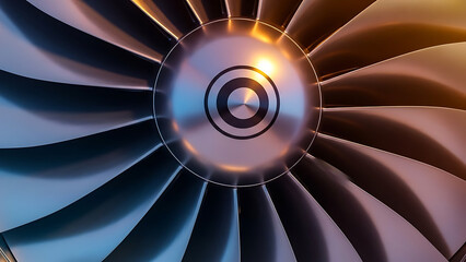 Close-up view of a powerful jet engine turbine, showcasing intricate metal blades with a striking blue and orange gradient illumination, hinting at advanced aerospace technology and engineering