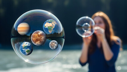 Woman blowing bubbles containing miniature planets and earth, reflecting the vastness of space and the fragility of our world