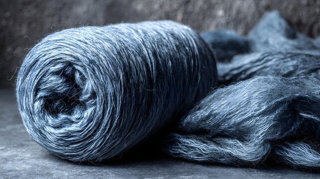 Close-up of a spool of deep blue slub silk yarn with textured, naturally occurring thicker sections