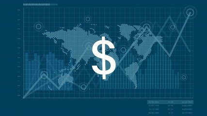 Animation of dollar sign over rotating map against multiple graphs on blue background - Powered by Adobe