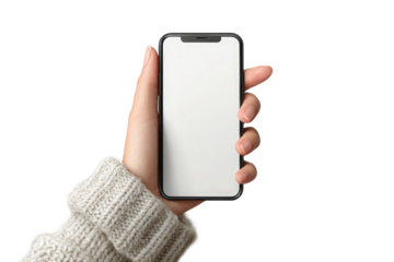 Hand Holding Smartphone with Blank White Screen Mockup Template Isolated on Transparent Background